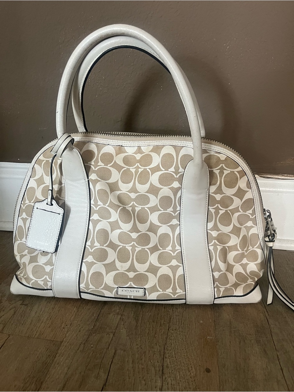 Coach Two-Tone Signature Satchel in Beige and White